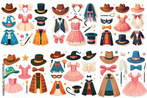 vector various children's costume pieces, such as a cowboy hat, ballerina tutu, and magician's cape, displayed against