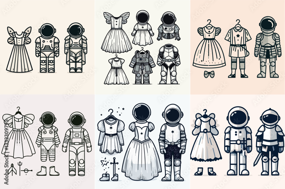 Fototapeta premium vector design of kids' dress-up clothes, including a fairy dress, astronaut suit, and a knight's armor