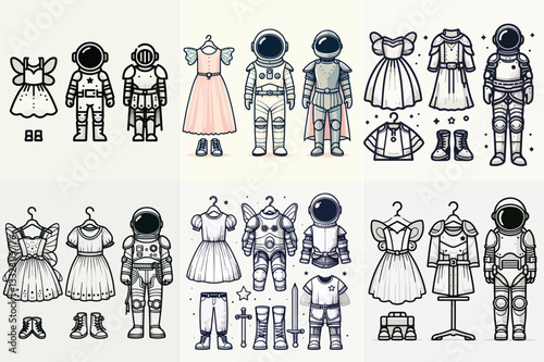 vector design of kids' dress-up clothes, including a fairy dress, astronaut suit, and a knight's armor