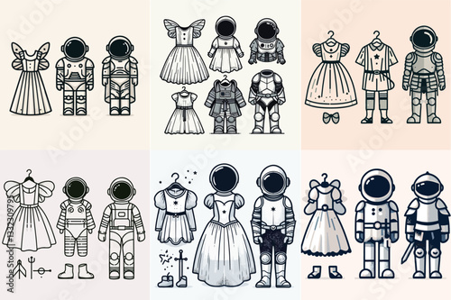 vector design of kids' dress-up clothes, including a fairy dress, astronaut suit, and a knight's armor