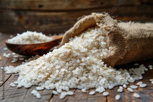 raw white rice grains with burlap sack in wooden spoon on wooden background.