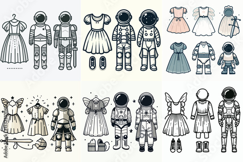 vector design of kids' dress-up clothes, including a fairy dress, astronaut suit, and a knight's armor