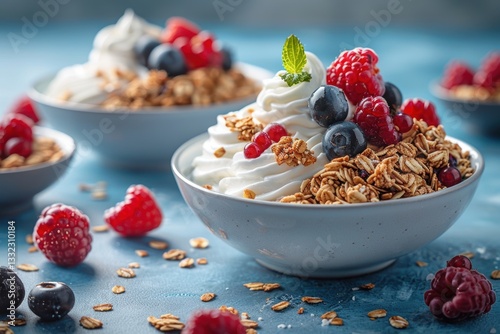 Vibrant breakfast with granola, Greek yogurt and berries.
