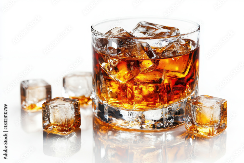Glass of whiskey with ice cubes on a wooden table, illuminated by soft candlelight, creating an inviting and cozy atmosphere. Glass of whiskey with ice cubes on a wooden table, illuminated by soft candlelight, creating an inviting and cozy atmosphere.