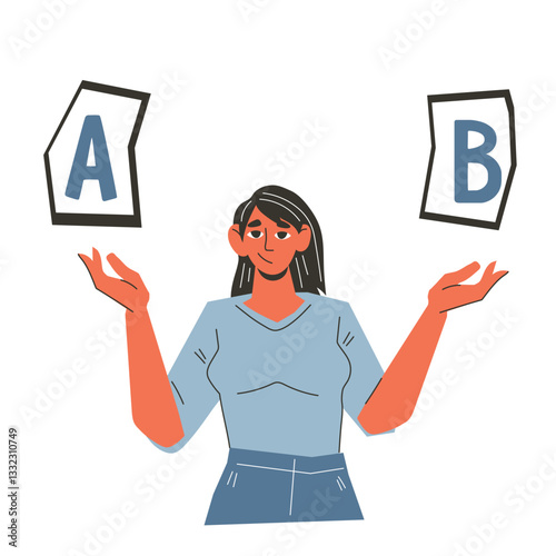 AB test concept with woman holding rating results. Split test or AB test analysis, machine learning, vector illustration isolated.