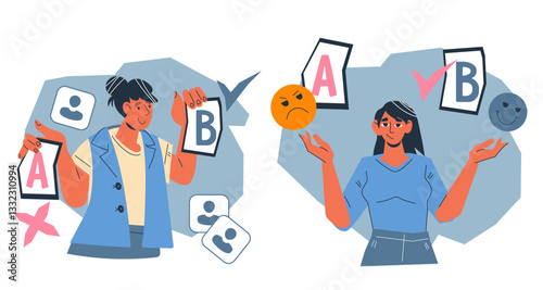 Set of banners for AB test concept. Split test or AB test analysis, machine learning based o, vector illustration isolated. Testing to help optimize website and improve user experience.
