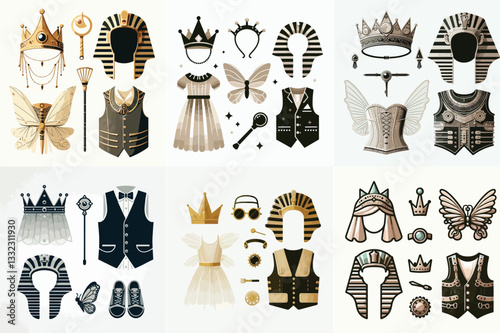 children's costume pieces, including a fairy crown, an Egyptian pharaoh headdress, and a steampunk vest, set against