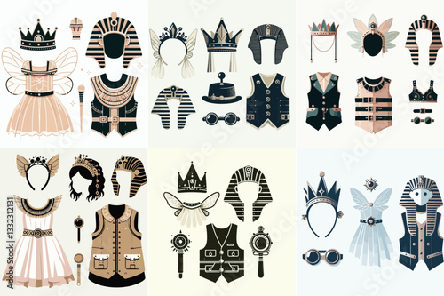 children's costume pieces, including a fairy crown, an Egyptian pharaoh headdress, and a steampunk vest, set against