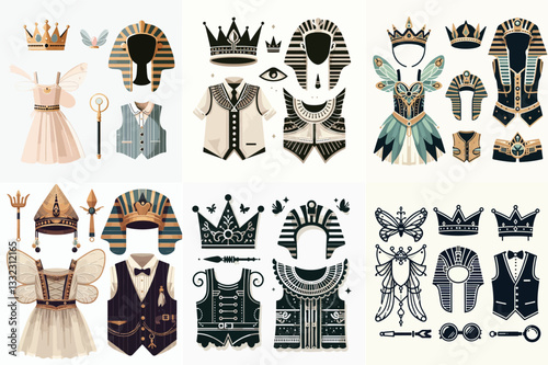 children's costume pieces, including a fairy crown, an Egyptian pharaoh headdress, and a steampunk vest, set against