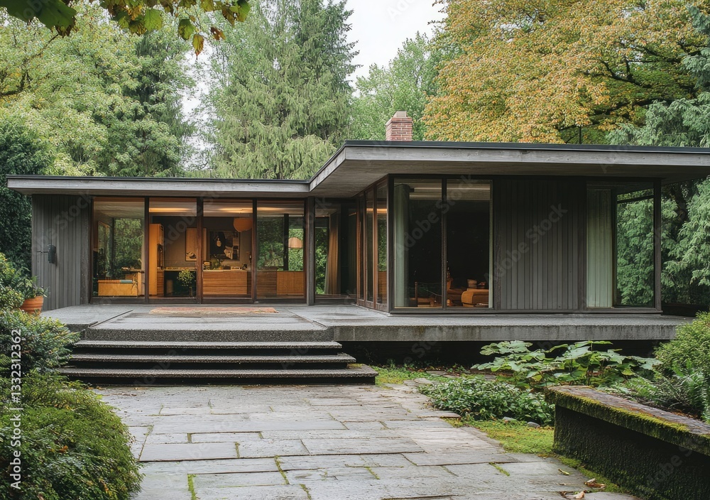 A modern home in the Pacific Northwest with gray horizontal trim and stone accents, large windows, a covered porch with a patio area, and concrete flooring A modern home in the Pacific Northwest with gray horizontal trim and stone accents, large windows, a covered porch with a patio area, and concrete flooring