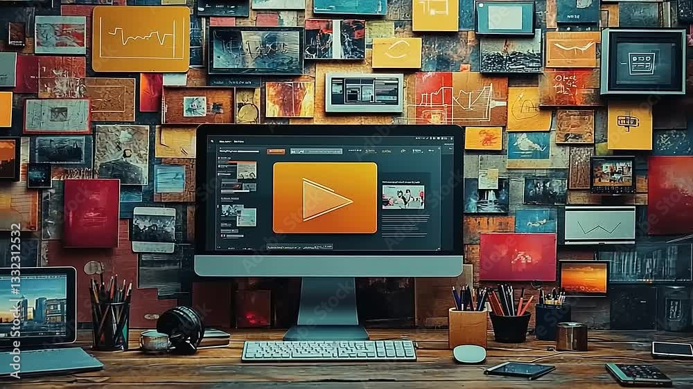 A modern workspace featuring a computer with a play button, surrounded by vibrant art and photos