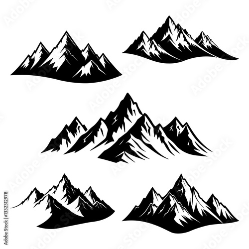 Vector set of mountains icons with hiking, traveling and camping symbols. Minimalist design with beautiful peaks.
