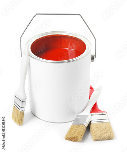 Fototapeta Naklejka Na Ścianę i Meble -  Can of red paint and brushes isolated on white