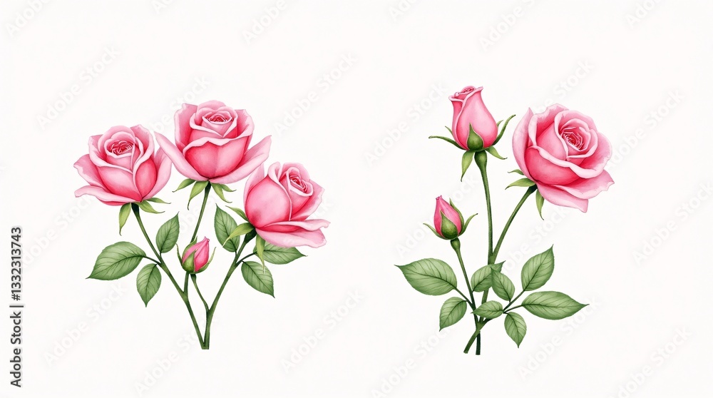Fototapeta premium A set of pink roses isolated on a white background