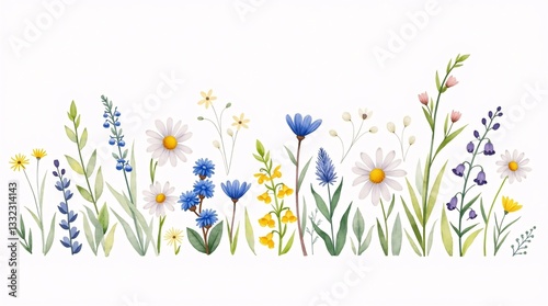 Set of Watercolor floral border with blue flowers and daisies