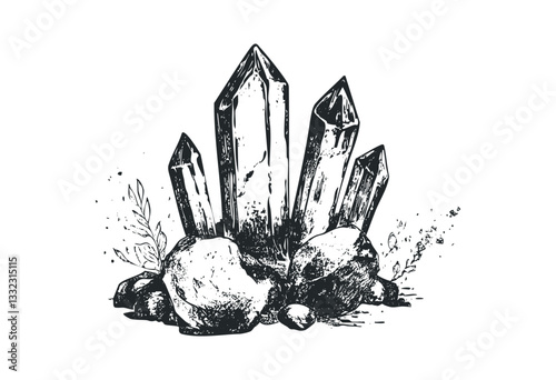 Artistic crystal sketch with detailed mineral and botanical elements. Vector retro hand drawn illustration