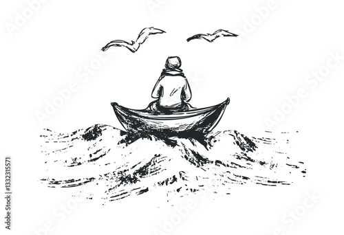 Solitary figure in boat on rough sea with birds above. Vector retro hand drawn illustration