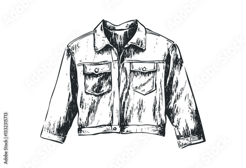 Hand-drawn denim jacket sketch with detailed pockets and buttons. Vector retro hand drawn illustration