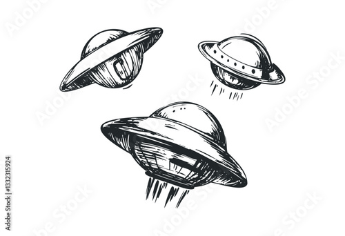 Hand-drawn flying saucers sketch art with three ufos in motion. Vector retro hand drawn illustration