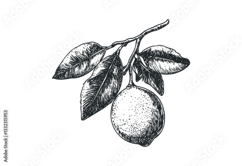 Hand-drawn lemon with leaves botanical illustration. Vector retro hand drawn illustration