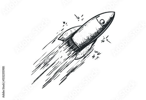 Vintage rocket sketch illustrating space travel with hand-drawn style. Vector retro hand drawn illustration