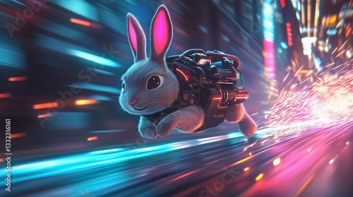 Cybernetic Rabbit Run: A Fluffy Bunny with a Mechanical Backpack Races Through a Neon-Lit Cyberpunk Cityscape, Blurring with Speed and Light.

