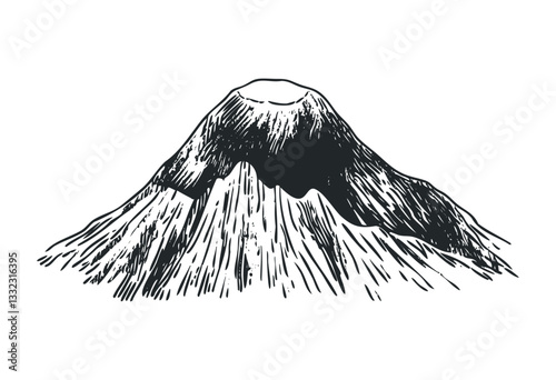 Hand-drawn illustration of majestic mountain with snow-capped peak. Vector retro hand drawn illustration