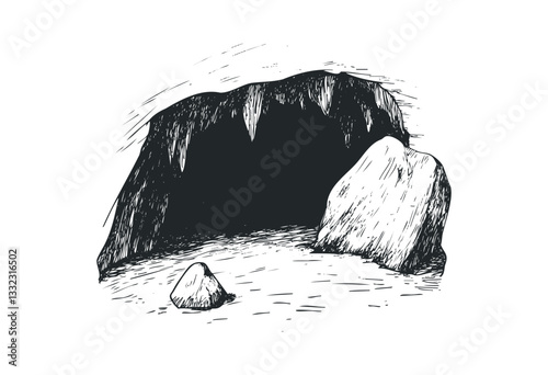 Sketch of a rugged cave entrance with boulders. Vector retro hand drawn illustration
