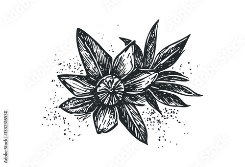 Detailed hand-drawn vanilla flower illustration with textured leaves and splatter effect. Vector retro hand drawn illustration