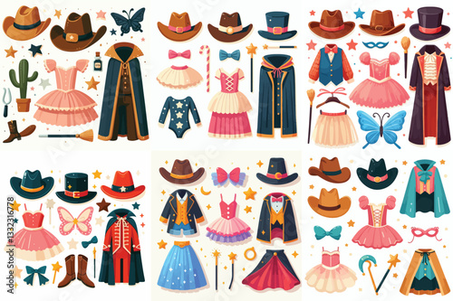 vector various children's costume pieces, such as a cowboy hat, ballerina tutu, and magician's cape, displayed against