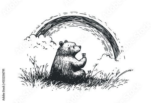 Bear enjoying a snack under a rainbow in nature scene sketch. Vector retro hand drawn illustration