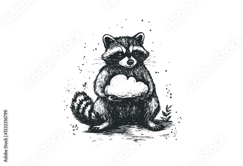 Adorable raccoon holding a cloud in whimsical monochrome illustration. Vector retro hand drawn illustration