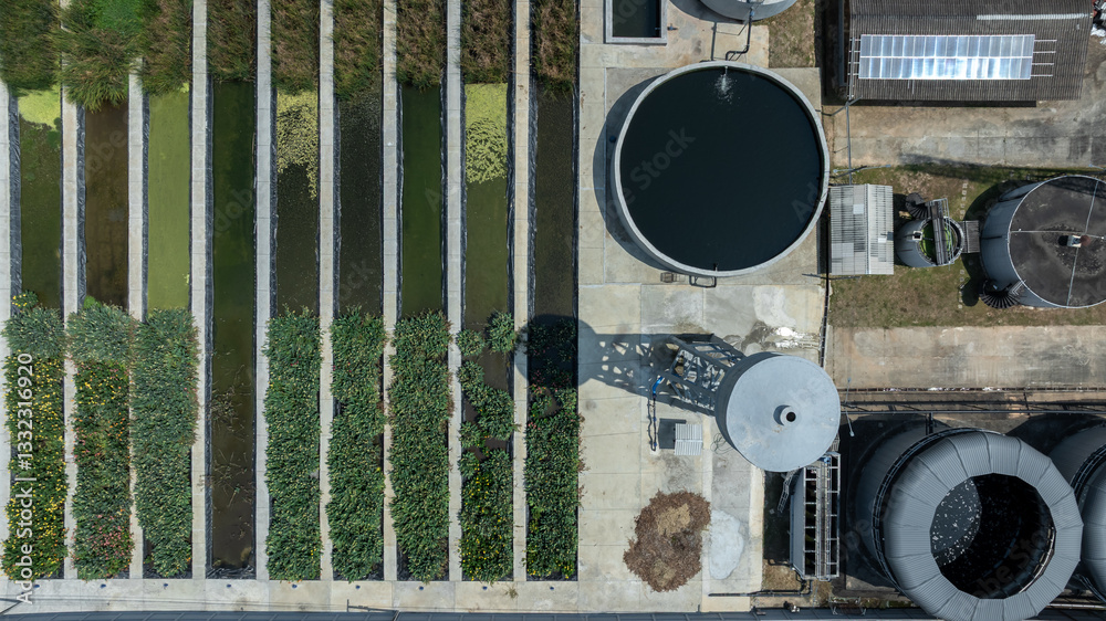 Aerial view black water treatment tank with waste water, Circle circular water clarifier cleaning water, Circle water treatment plant circular clarifier.