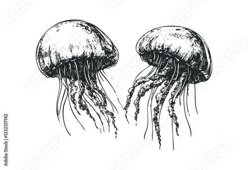 Intricate sketch of two floating jellyfish in detailed black and white style. Vector retro hand drawn illustration
