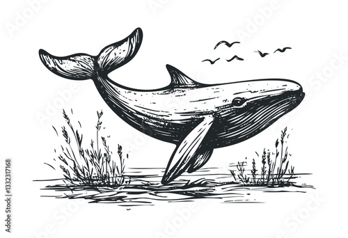 Orca in ocean habitat with marine life and birds in vintage style illustration. Vector retro hand drawn illustration