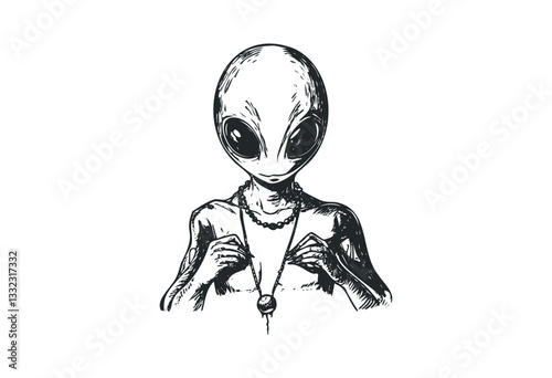 Mysterious alien figure adjusting pendant necklace in black and white sketch. Vector retro hand drawn illustration