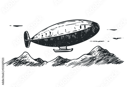 Vintage dirigible flying over mountain peaks in hand-drawn illustration. Vector retro hand drawn illustration
