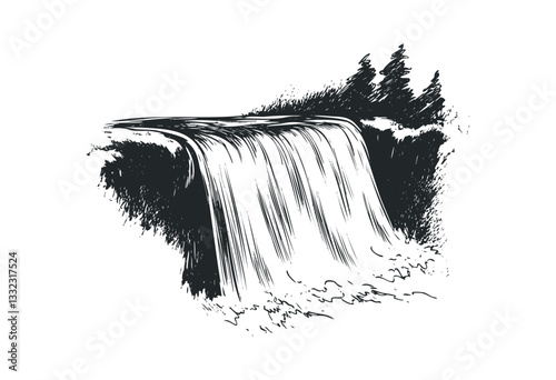 Monochrome waterfall illustration with flowing water and splashing effect. Vector retro hand drawn illustration