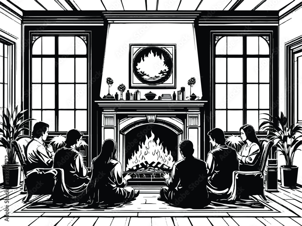 Fototapeta premium People by fireplace vector linear