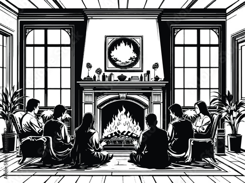 People by fireplace vector linear