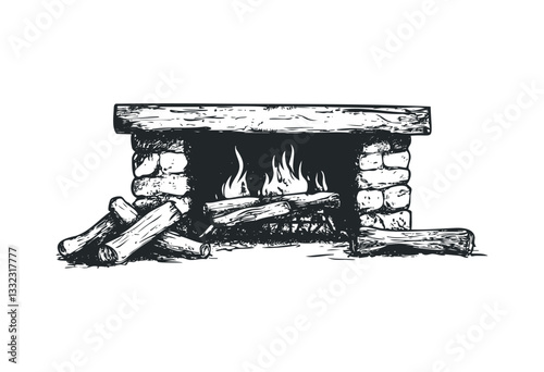 Rustic brick fireplace illustration with burning firewood and logs. Vector retro hand drawn illustration