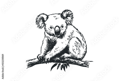Detailed hand-drawn koala illustration sitting on tree branch. Vector retro hand drawn illustration