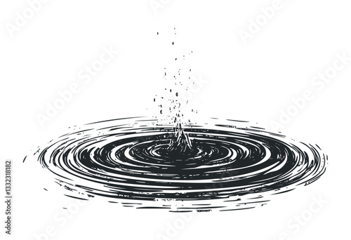 Artistic depiction of splashing water ripples in monochrome style. Vector retro hand drawn illustration