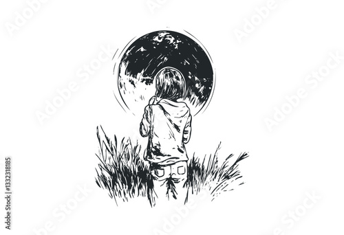 Young girl gazing at moon illustration in nature setting. Vector retro hand drawn illustration