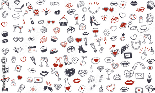 Stylish collection of romantic icons including hearts, cocktails, and lips, perfect for Valentine Day designs