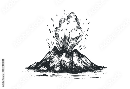 Vintage illustration of an active volcano eruption with smoke and ash clouds. Vector retro hand drawn illustration