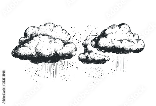 Vintage cloud illustrations with raindrops in detailed sketch style. Vector retro hand drawn illustration