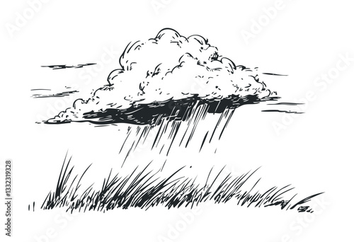 Illustration of rain cloud over grassy field - nature scene with rainfall. Vector retro hand drawn illustration