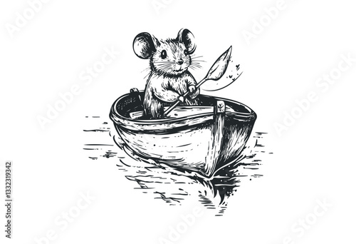 Anthropomorphic mouse rowing in a boat with leaf paddle artwork. Vector retro hand drawn illustration