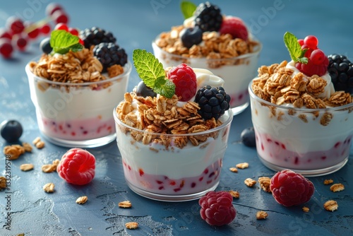 Yogurt with granola and berries on a blue background.
